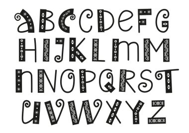 Dekoratif latin alfabesi ile swirls ve arka planda siyah izole üzerinde beyaz metin, yazıt, tebrik kartı, tipografi, yazı, çocuk, kapak, tatil, etiket tasarım, süsleme