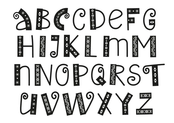 Dekoratif latin alfabesi ile swirls ve arka planda siyah izole üzerinde beyaz metin, yazıt, tebrik kartı, tipografi, yazı, çocuk, kapak, tatil, etiket tasarım, süsleme