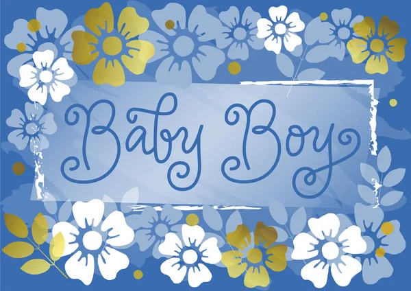 Lettrage calligraphie moderne de Baby Boy en bleu sur fond bleu décoratif avec des fleurs dorées et blanches — Image vectorielle