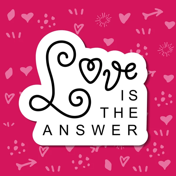Caligrafia moderna lettering of Love é a resposta em preto com contorno branco sobre fundo rosa — Vetor de Stock