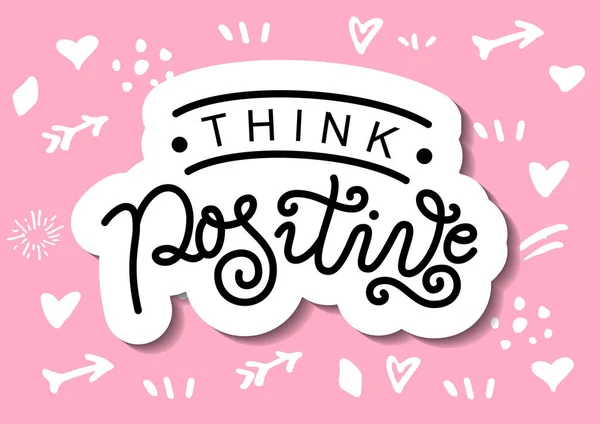 Letras caligráficas de Think positive en negro con contorno blanco sobre fondo rosa — Vector de stock