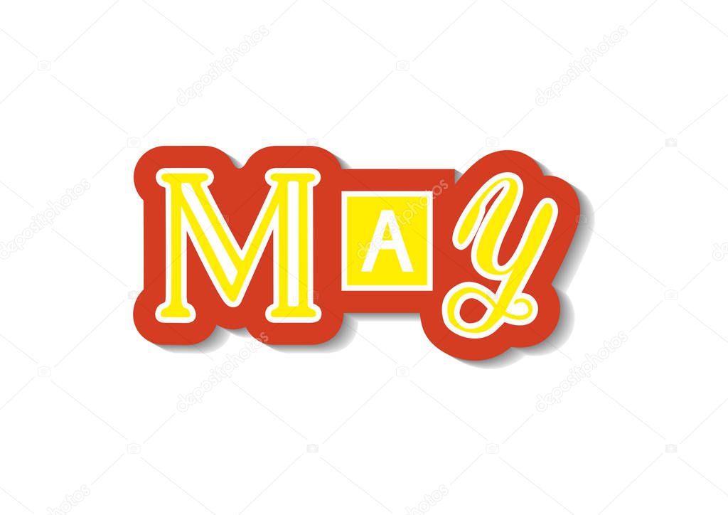 decorative colorful lettering of May with different letters in yellow with red white outline and shadow on white