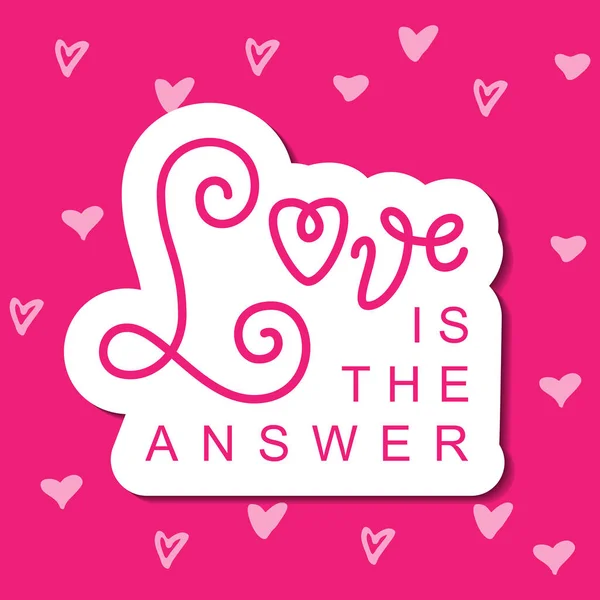 Caligrafia moderna lettering of Love é a resposta em rosa com contorno branco sobre fundo rosa — Vetor de Stock