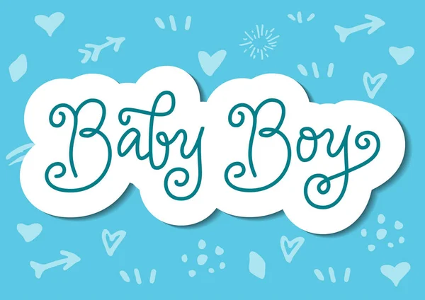 Modern kalligráfia betűkkel a Baby Boy kék fehér vázlatos papír vágott stílust a kék háttér — Stock Vector