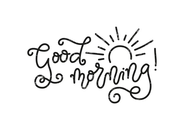 Caligrafía letras de Good Morning en negro con textura y decorado con sol aislado sobre blanco — Archivo Imágenes Vectoriales