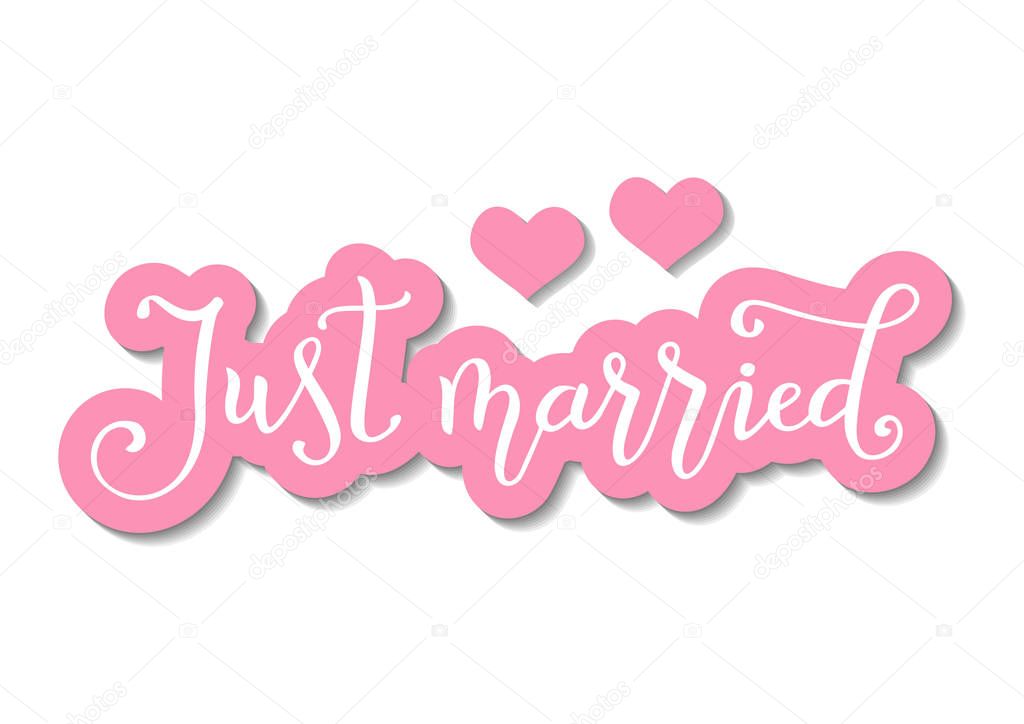 Modern calligraphy of Just married in white with pink outline in paper cut style on white