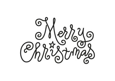 Beyaz izole yıldız ile süslenmiş siyah Merry Christmas Modern mono line kaligrafi yazı