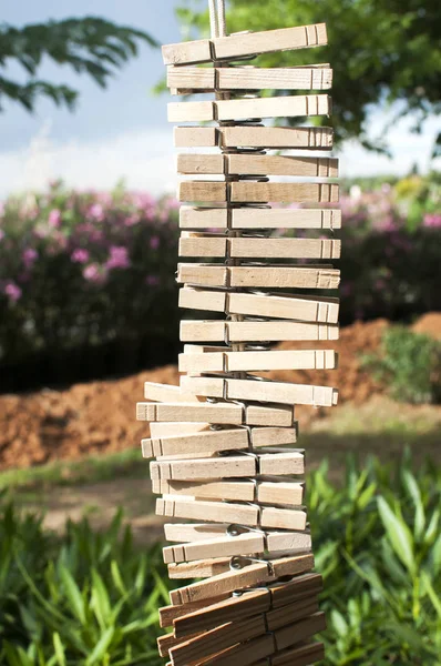 Fából Készült Mosoda Ruházati Klipek Függőlegesen Lógnak Karakterláncot Ország Ház — Stock Fotó