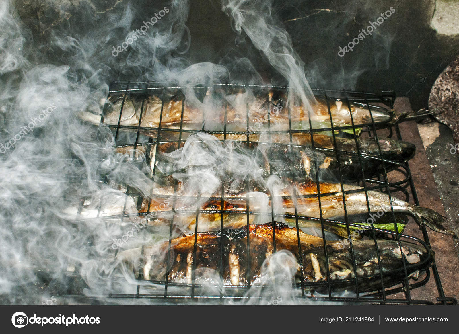 Mackerel Fish Grilled Iron Plate Rural House Fireplace Closeup