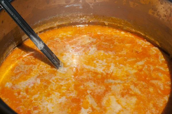 Stainless Steel Saucepan Tripe Soup Closeup — Stock Photo, Image