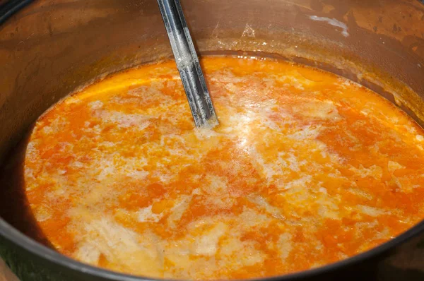 Stainless Steel Saucepan Tripe Soup Closeup — Stock Photo, Image