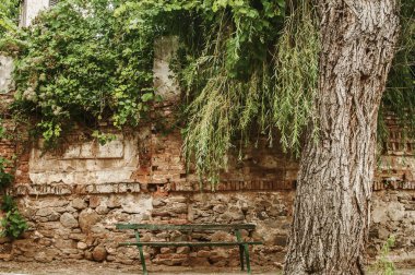 Eski grunge ahşap kırık bankta çürümüş terkedilmiş tuğla kırsal duvar arka planda küçük bir ihmal edilen ülke Köyü