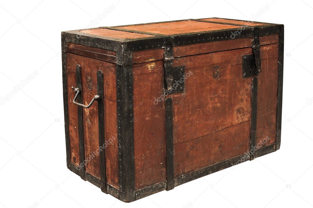 Old vintage retro wooden chest with iron strapping isolated on white background