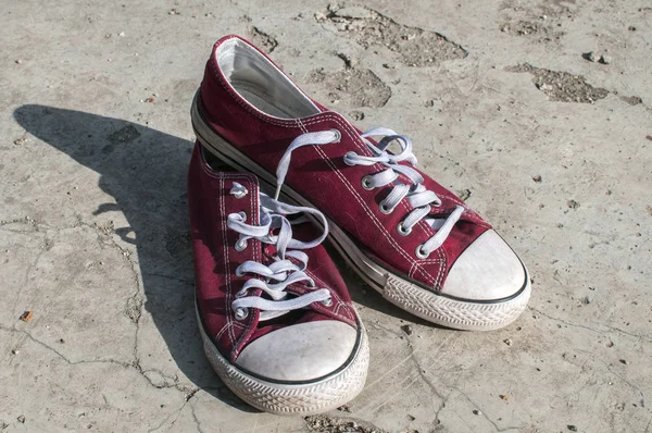 Pair Worn Out Vintage Red Old Canvas Sneakers Concrete Surface — Stock Photo, Image