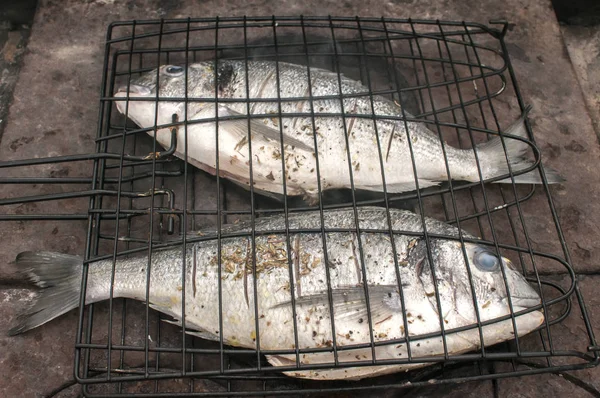 Ψάρια Τσιπούρας Gilt Head Στη Σχάρα Ζεστό Πιάτο Σιδήρου Closeup — Φωτογραφία Αρχείου