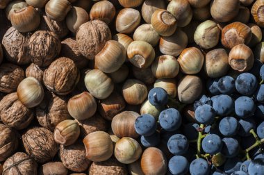 Olgun çiğ fındık, ceviz ve kırmızı üzüm arka plan olarak yakın plan.