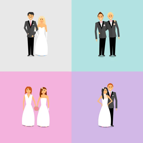 不同性取向的夫妻和对家庭生活的看法 男人和女人都在婚礼上 要结婚了 — 图库矢量图片