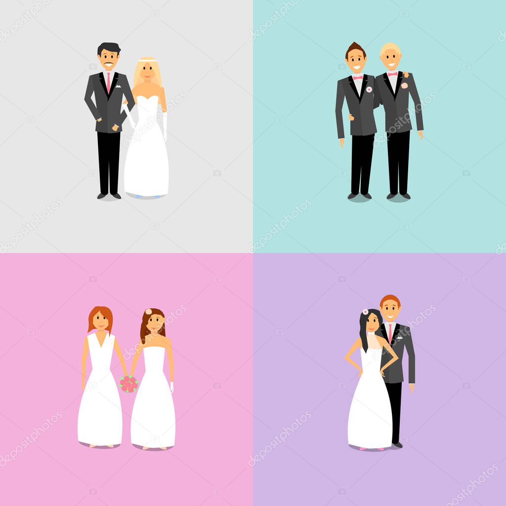 Couples with different sexual orientations and views on family life. Men and women are at the wedding ceremony and are going to marry.