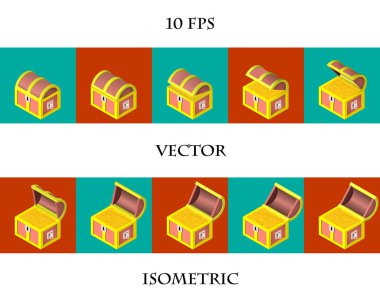 Animasyon bir isometry göğüs altın madeni paralarla dolu. On kare göğüs açma.