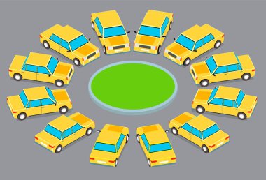 12 aynı araba park etmiş bir daire içinde. Farklı açılardan itmeyi otomobillerde.