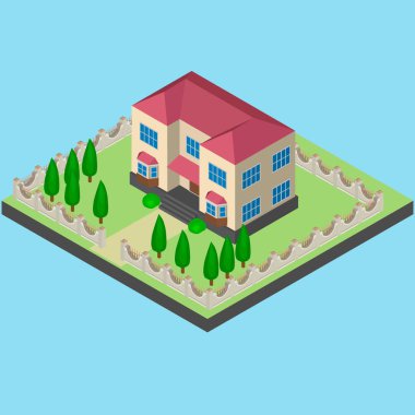 İsometrically bir çit ile iki katlı ev. Kırmızı çatılı bej kamu binası firs tarafından çevrilidir.