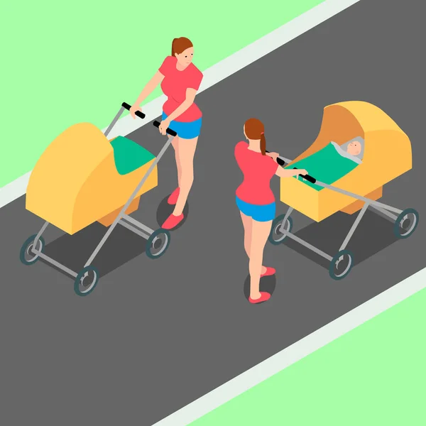 Two Identical Women Strollers Walking Park Two Women Strollers Isometric — Stock Vector