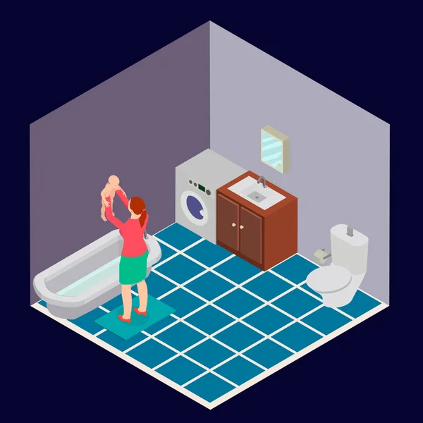 浴室与一名妇女和一名儿童是等距的 母亲给孩子洗澡的浴室 — 图库矢量图片