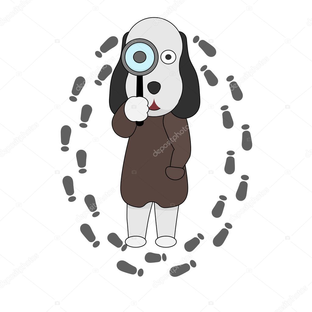 A dog detective holds a magnifying glass in his hand. Search dog logo in flat style.