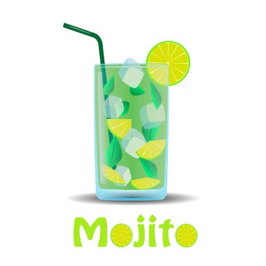 Bir kokteyl mojito cam. Beyaz arka plan üzerinde serinletici içecek.
