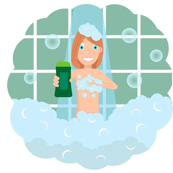 一个裸体女孩在淋浴广告新的洗发水 这个女孩洗个澡 在她的肥皂泡周围 — 图库矢量图片