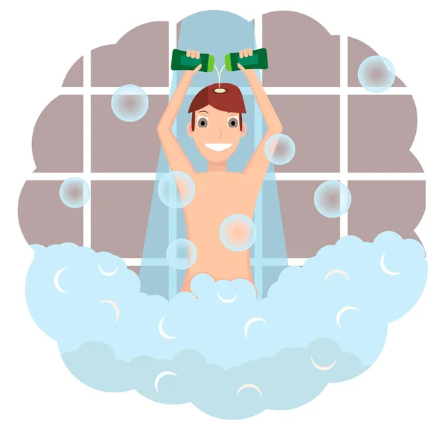 一个男人在淋浴时使用洗发水 那个扁平的男人洗澡 — 图库矢量图片