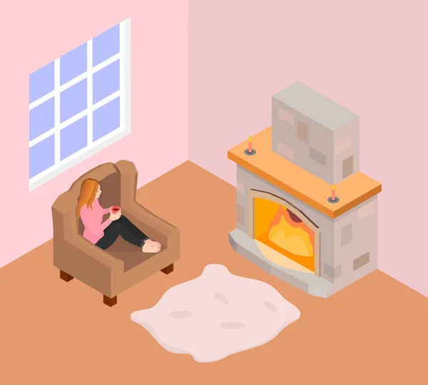 一个女孩坐在扶手椅上 在壁炉旁温暖 穿粉色毛衣的女孩拿着一杯热咖啡 看着壁炉 — 图库矢量图片