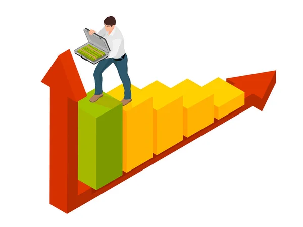 Homem Isométrico Simboliza Sucesso Nos Negócios Homem Está Gráfico Mantém — Vetor de Stock