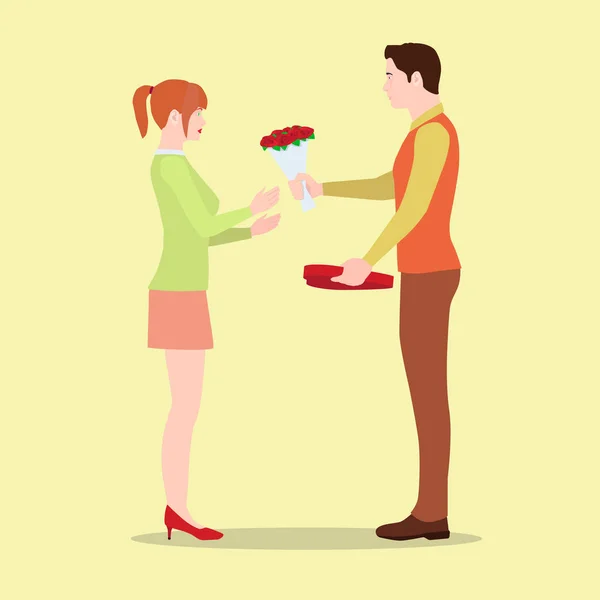 Man Gives His Girlfriend Flowers Box Chocolates Loving Couple Valentine — Stock Vector
