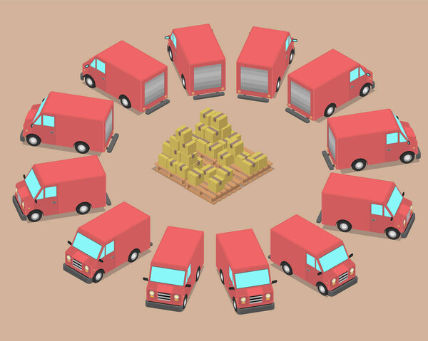 Двенадцать одинаковых машин припаркованы вокруг коробок. Фургоны с доставкой ждут загрузки
.