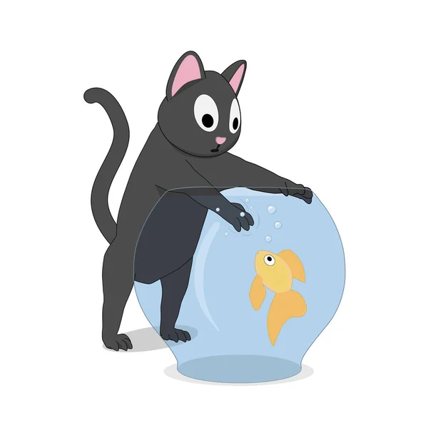 猫と水槽の中の魚 猫が水槽の中を泳ぐ金魚を狩り — ストックベクタ