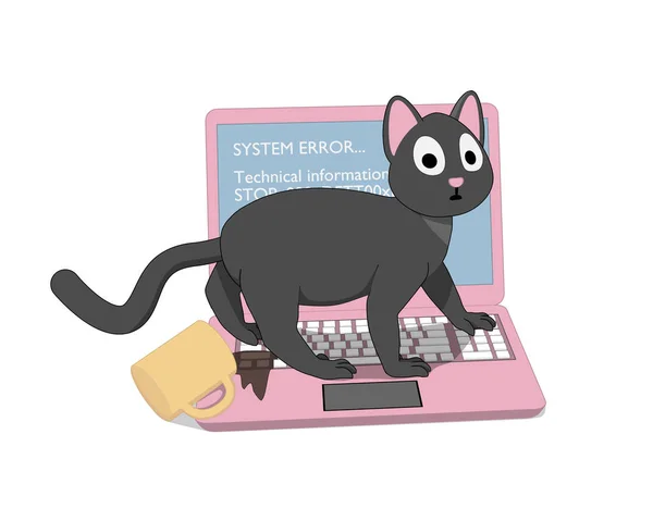 Gato Gris Una Laptop Rosa Con Pantalla Muerte Gato Arruinó — Archivo Imágenes Vectoriales