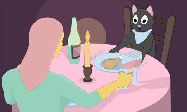 灰色の猫は孤独な女性と夕食です ピンク髪の強力な独立した女性は 猫とワインを飲む — ストックベクタ