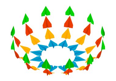 Renkli kağıt uçak yükseklik kazanmaktadır. Farklı açılar, izometrik kağıt uçak.