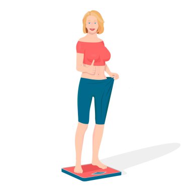 Bir kadın ölçekler üzerinde duruyor ve kilo kaybı sahiptir. Bir kadın o kilo kaybı gösterir.