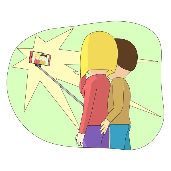 Kreslený Pár Selfie Pár Selfie Společně Velký Smartphone Stick — Stockový vektor