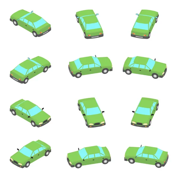 Animasyon Araba Izometrik Görünümünde Dönme Farklı Görüş Açıları Ile Yeşil — Stok Vektör