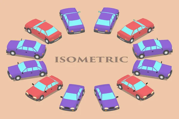 Doce Coches Aparcados Diferentes Colores Coches Isometría Diferentes Ángulos — Vector de stock