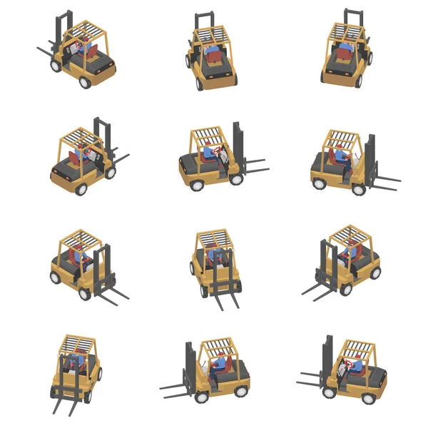 Animasyon Izometrik Görünümünde Forklift Dönme Farklı Görüş Açıları Ile Yüklü — Stok Vektör