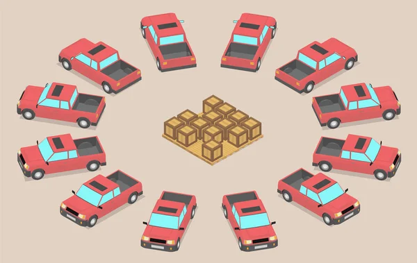 Die Boxen Herum Parken Zwölf Baugleiche Rote Autos Pickups Warten — Stockvektor