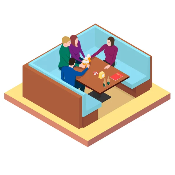 Friends Drink Beer Table Bar Friends Clink Glasses Beer Isometric — Stock Vector