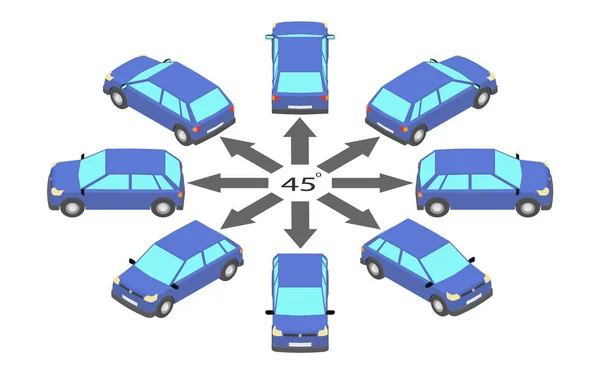 两厢车旋转45度 蓝色汽车在不同的角度在等距 — 图库矢量图片
