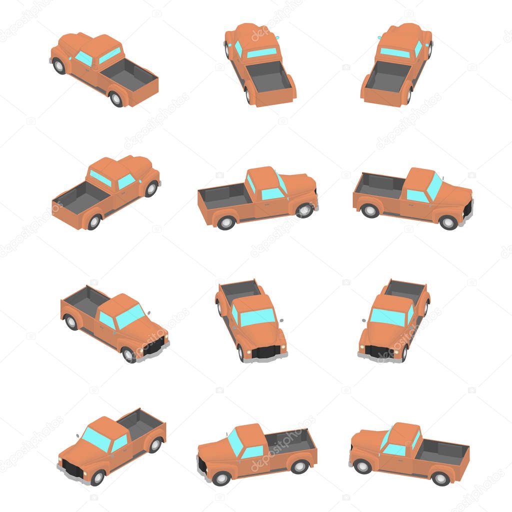 Animation of the rotation retro pickup truck in isometric view. Cartoon orange pickup in 12 types.