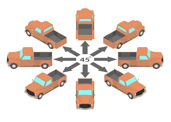 Drehung Des Retro Pickups Grad Orangefarbene Tonabnehmer Verschiedenen Winkeln Isometrischer — Stockvektor