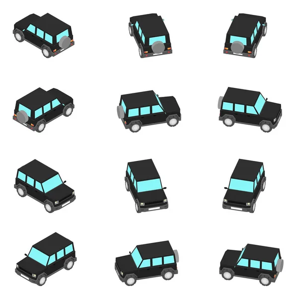 Animation Der Rotation Eines Geländewagens Der Geländewagen Mit Unterschiedlichen Blickwinkeln — Stockvektor